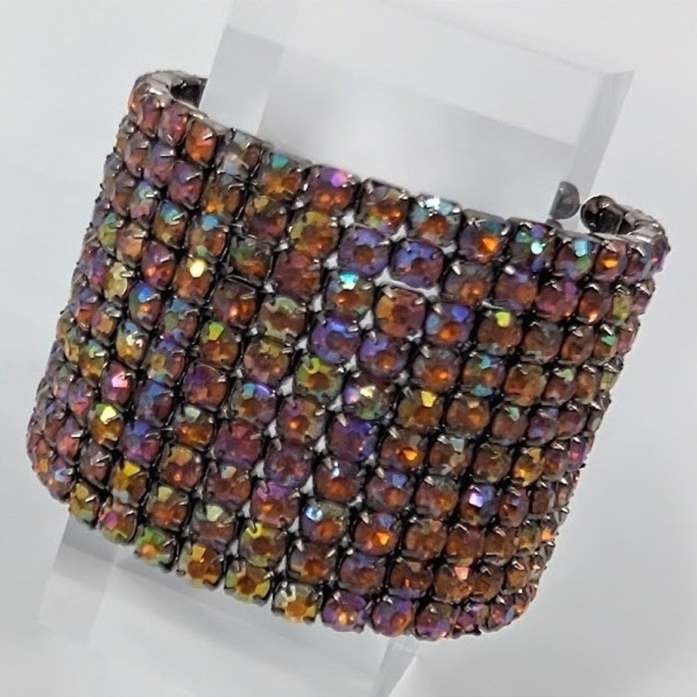VTG Wide Cuff Bracelet AB Rhinestone Iridescent‎ Gunmetal Multi Row Statement
